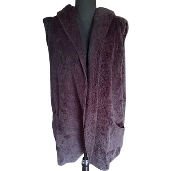 Zenana Outfitters Women’s Fuzzy Hooded Long Vest Size L Black Open Front - Image 2