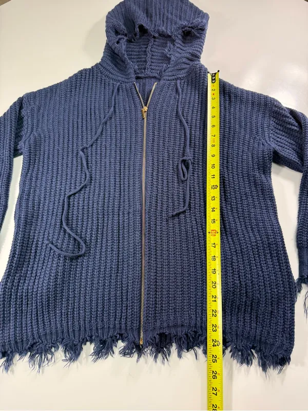 Frayed-Hem Hooded Zip Cardigan Sweater in Navy - Image 4