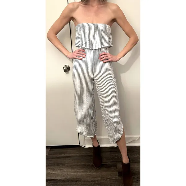 Japna Blue White Striped Tube Top Strapless Capri Pantsuit Women's Sz XS - Image 9