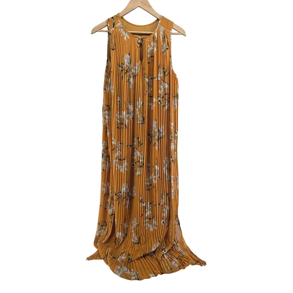 Banana Republic Maxi Dress Womens XS Pleated Floral Mustard Yellow EUC - Image 2