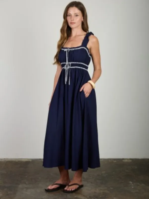 Shirred Stripe Front Tie Sleeveless Midi Dress - Image 4