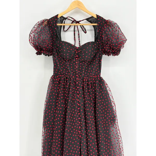 Heart Print Tulle Corset‎ Midi Dress Small Black Red Goth Coquette Prom Formal - Image 15