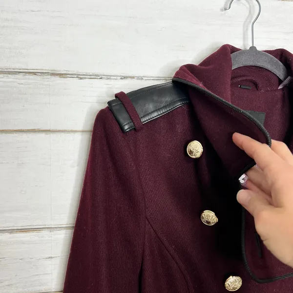 GUESS Walder Large Burgundy Wool Blend Peacoat Trench Coat Gold Buttons - Image 7