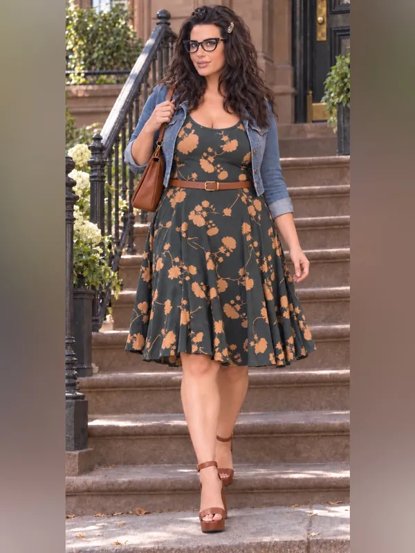 LuLaRoe Nicole Floral Fit Flare Dress XL Black Gold Tan Scoop Neck Skater Midi - Image 5