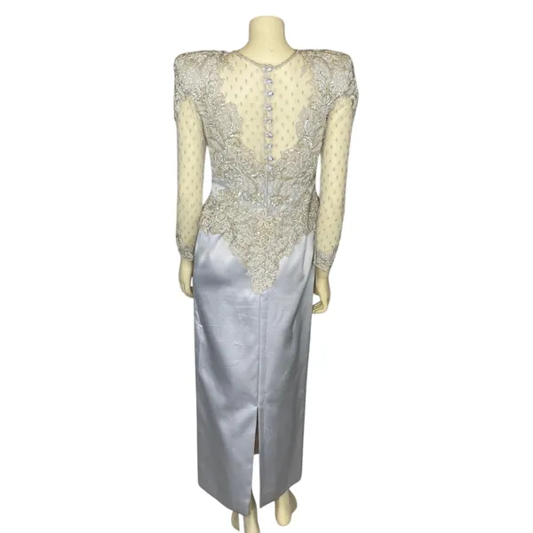 1990s Vintage Ice Blue Beaded Formal Gown Sheer Lace Bodice Custom S-M - Image 4
