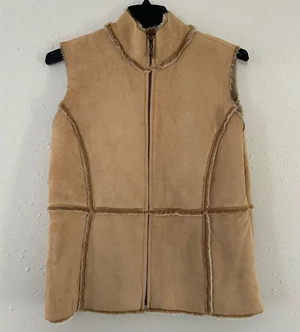 Live A Little Faux Suede Faux Fur Tan Vest Bohemian Casual Western 70s Retro XL - Image 2
