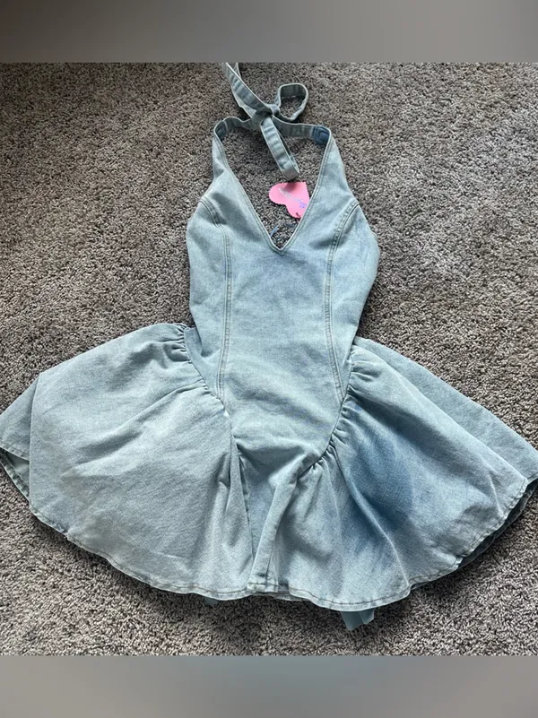 Sugar Thrillz Light Blue Denim Halter Poofy Coquette Mini Dress - Image 4