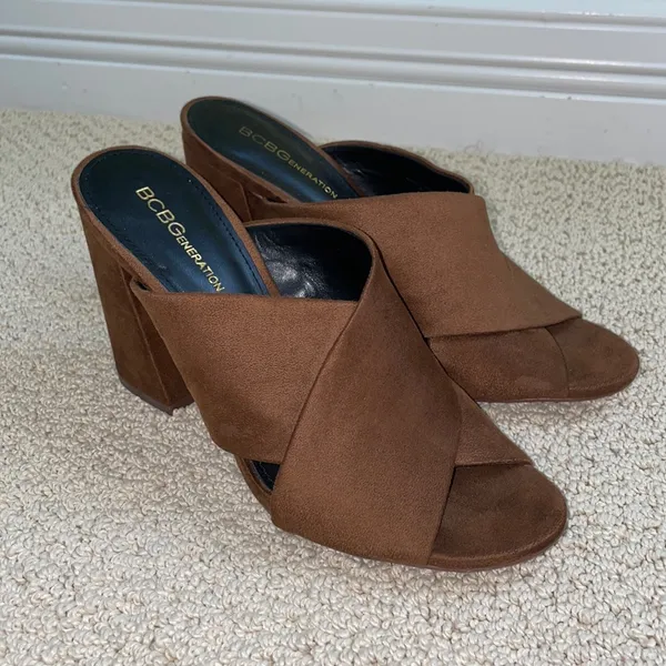 BCBGeneration Suede Chocolate Brown Mule Heels - Image 5