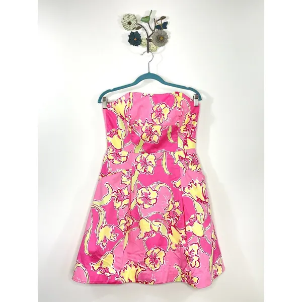 Lilly Pulitzer Day Lilly Hotty Pink Day Dress Pockets Strapless Size 6 A Line - Image 3