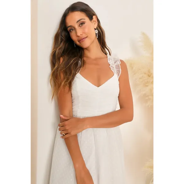 NWT Lulus Forever Celebrated White Swiss Dot Ruched Tulle Midi Dress Size M - Image 8