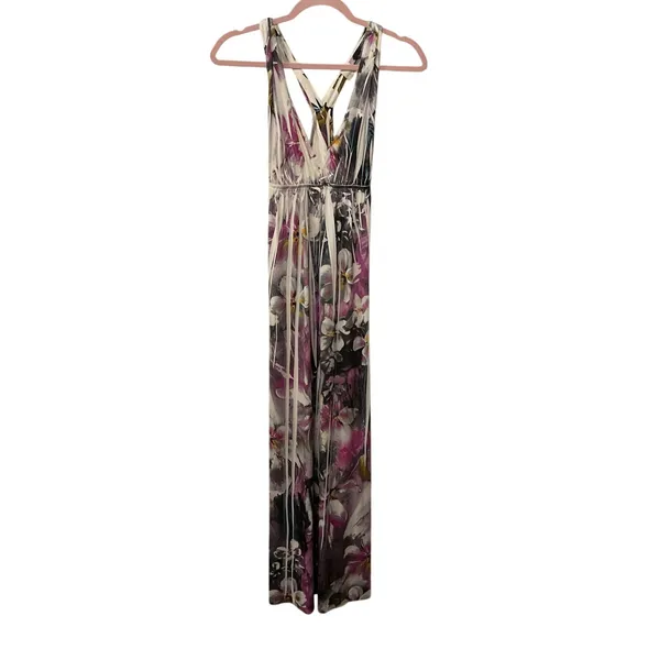 Doki Geki Watercolor Floral Maxi Dress Purple Racerback Empire Waist Resort, S - Image 2