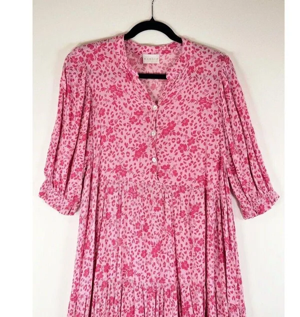Karlie Womens Dress Pink Floral Ditsy Midi Tiered A Line Cottagecore Boho Small - Image 4