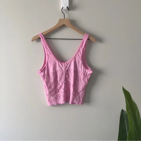 Free People Lace Corsette Style Tank Top Pink Sugar Crop Casual Cropped Buttons - Image 5