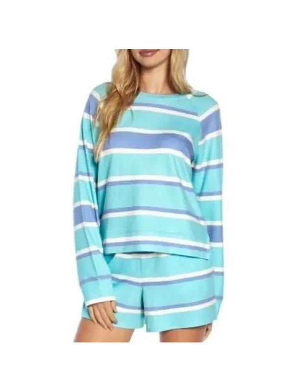 Wildfox 2-Piece Lounge Set - Striped Blue Aqua White Sweatshirt & Shorts Medium - Image 5