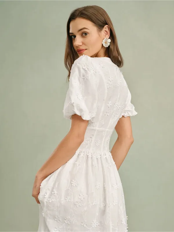 Rihoas White Round Neck Floral Midi Dress - Image 3