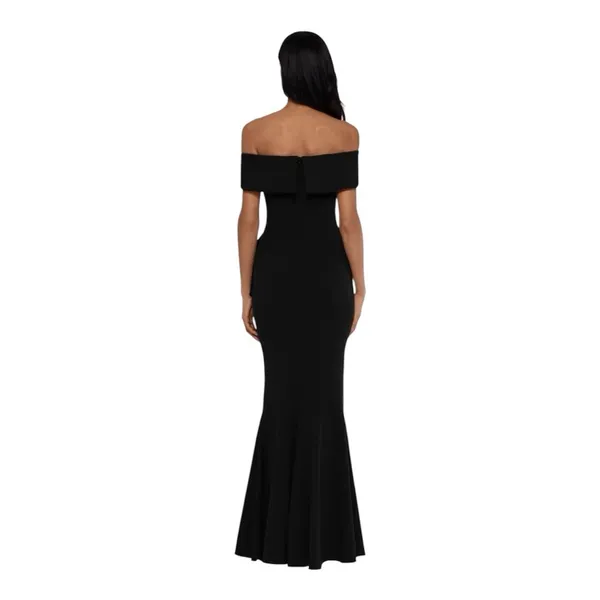 Betsy & Adam BLACK OFF THE SHOULDER Crepe RUFFLE Mermaid GOWN Size 2 Petite - Image 9