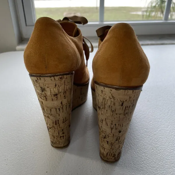 Gianvito Rossi Suede Cork Open Toe Lace Up Platform Shoes Orange/Beige Womens 37 - Image 5