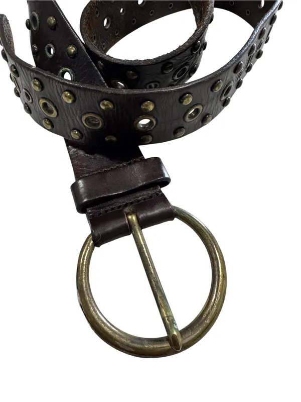 Fossil Dark Brown Genuine Leather Eyelet Studded Belt Round Brass Buckle - Image 6
