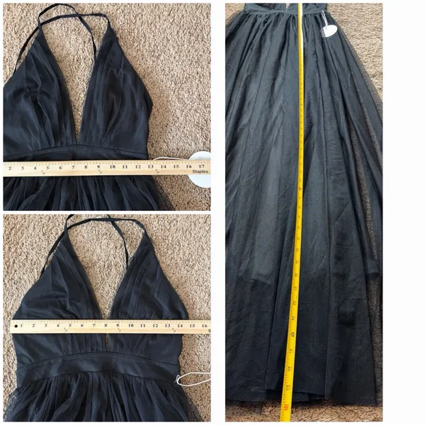Black Tulle Maxi Dress Plunge Halter Open Back Slit Prom Evening Luxxel S NWT - Image 9