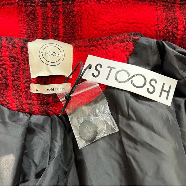 Stoosh Peacoat Jacket Double Breasted in Red and Black Plaid Size L - Image 8