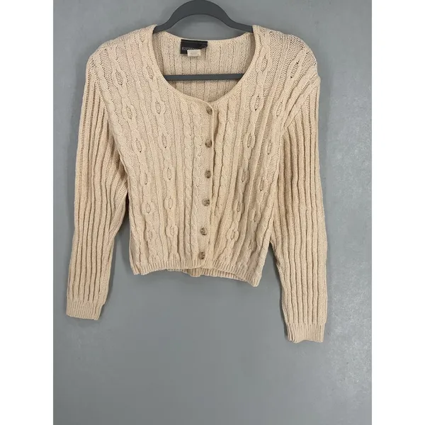 Expressions Womens Cardigan Vintage 90s Cable Knit Button Front Cream Medium - Image 2