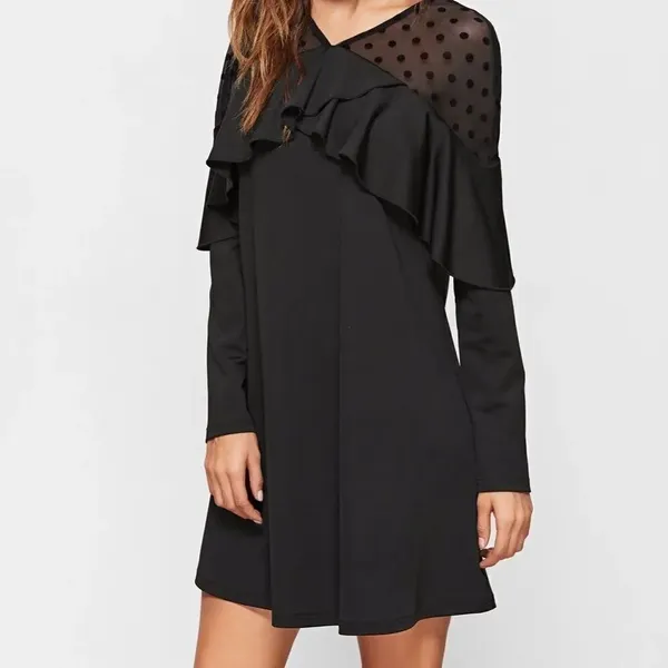 Black Polka Dot Mesh Neck Ruffle Trim A Line Dress - Image 4