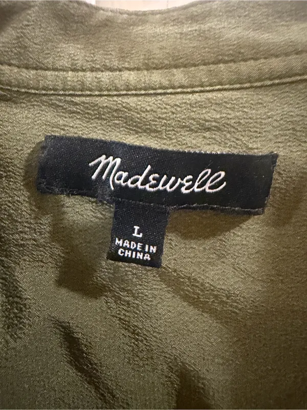 Madewell Olive Green Lace-Up 100% Silk Long Sleeve Blouse - Image 3