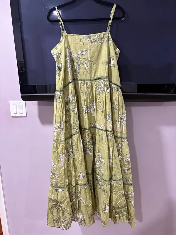 Olive Green Serengue Printed Tiered Maxi Dress with Spaghetti Straps - Image 3