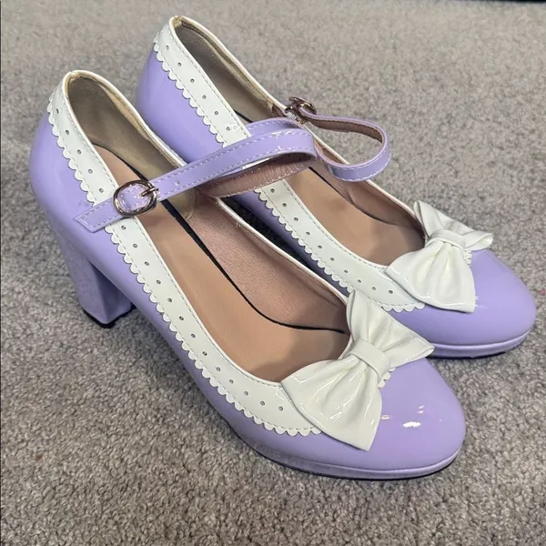 Women’s Purple Chunky Heel Mary Jane Pumps Cute Bow Round Toe Size 8 NEW - Image 2