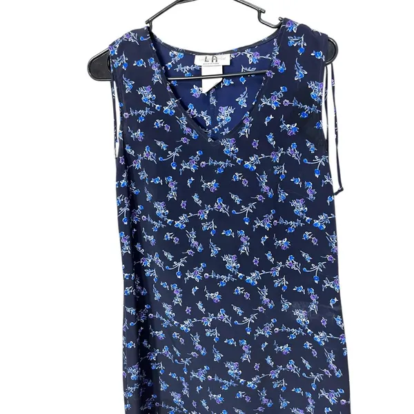 Vintage Los Angeles‎ Gal Navy Floral Print V neck Sleeveless Knee Length Dress 6 - Image 2