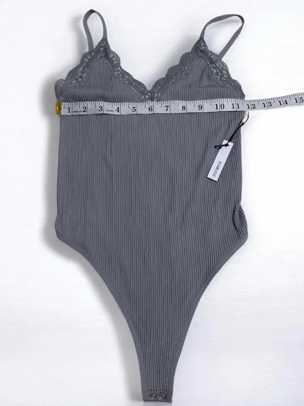 Forever 21 Light Gray Ribbed Lace-Trim Bodysuit - Image 4