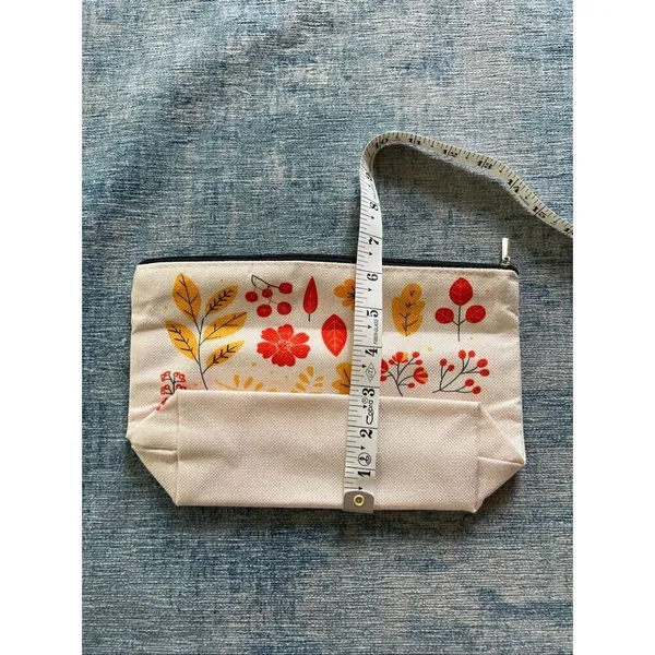 Cream Red Orange Leaf Cotton Canvas Small Makeup Bag Travel Toiletry Pouch - Image 4
