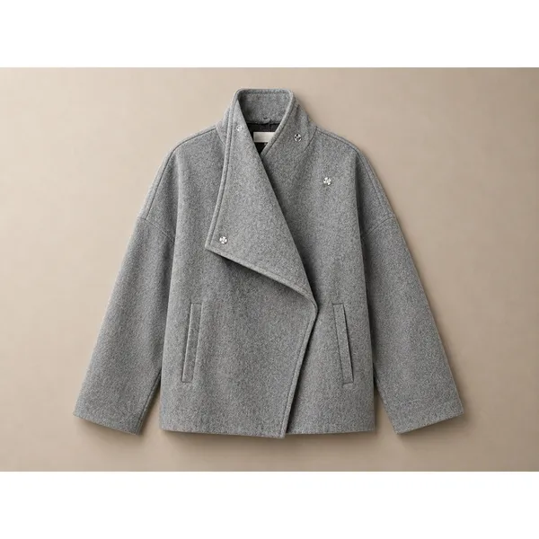 Zara Women Short Coat S Gray Asymmetric High Neck Gold Button Felted Jacket - Image 2