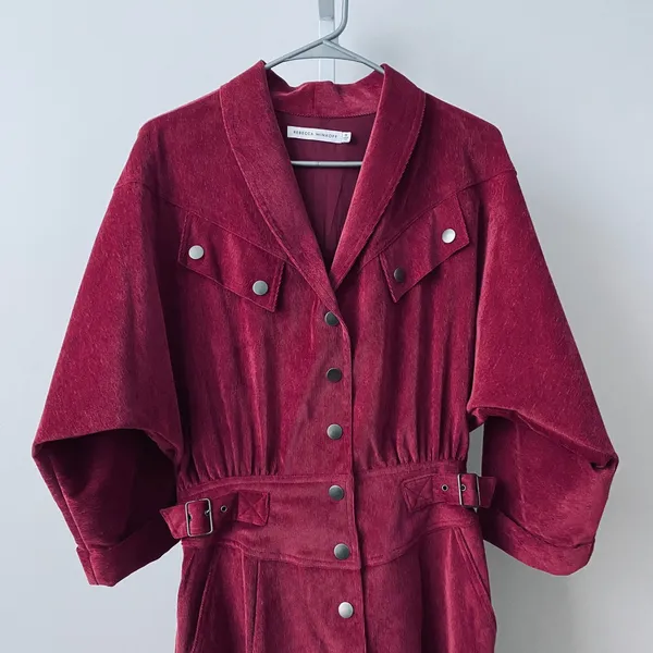 Rebecca Minkoff Western Cowgirl Western Corduroy Belted Mini Dress M Burgundy - Image 2