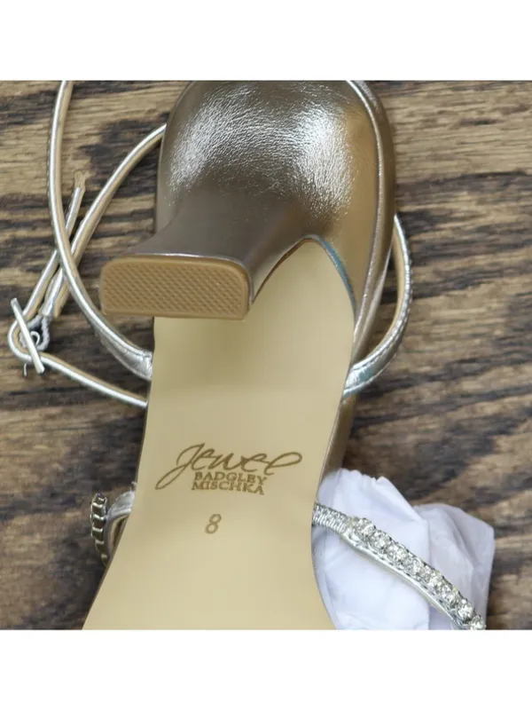 Jewel Badgley Mischka Heeled Sandal Studded Band Strappy Silver Metallic Gray 8M - Image 10