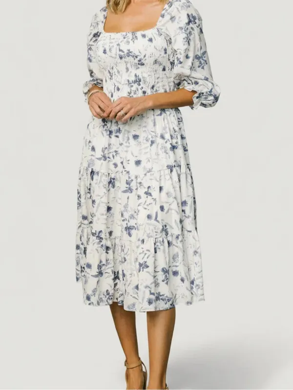 Baltic Born Marta Smocked Floral Midi Dress in White and Blue Size: L - Image 2
