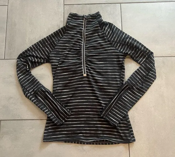 Athleta Half-Zip Pullover Top in Black and White Stripes - Image 2
