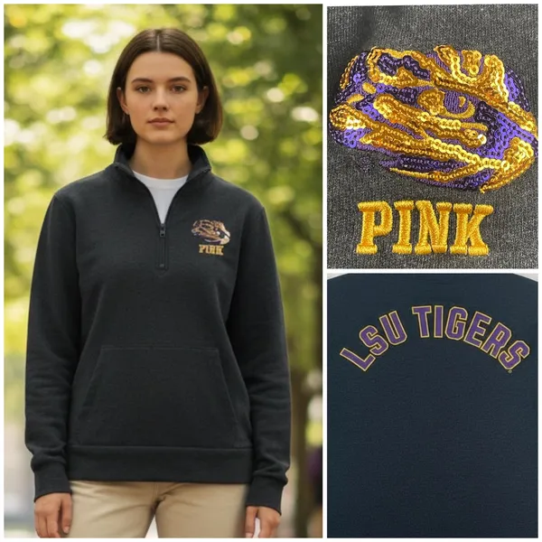 PINK‎ Victoria's Secret LSU Tigers Sequins Quarter Zip Sweatshirt Women's Small - Image 2