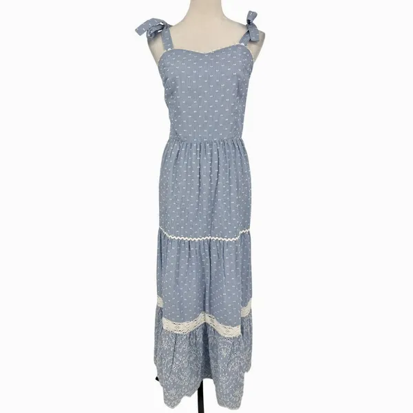 Shabby Chic Maxi Dress‎ Size 12 Blue White Striped Eyelet Lace NWT Cottagecore - Image 3