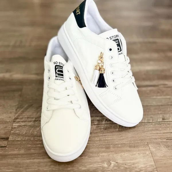 White & Black Women’s Casual Sneakers with Tassel Embellishment Size 7 US - Image 6