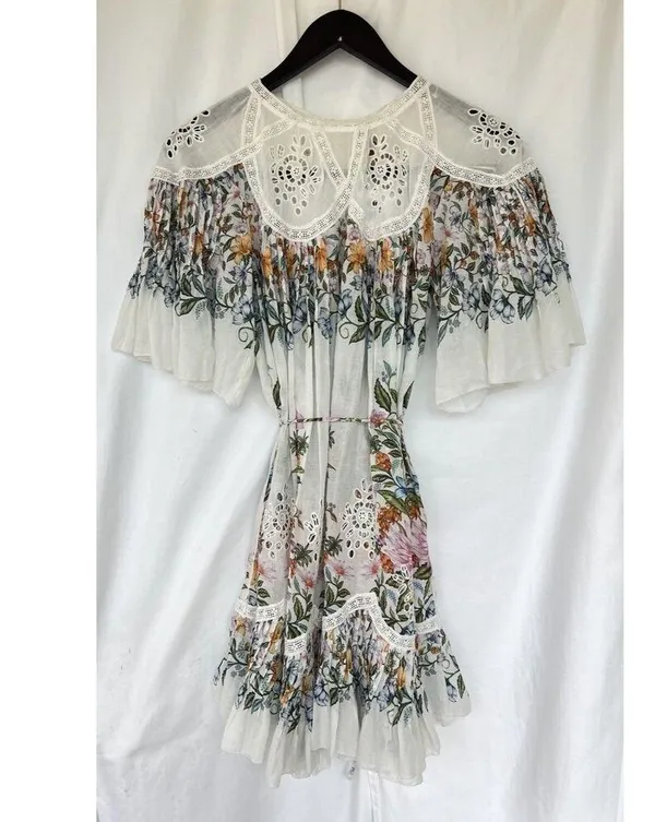 Farm Rio Sweet Bloom Dress Small Mini Bouquet Short Sleeve Eyelet Lace Garden - Image 8