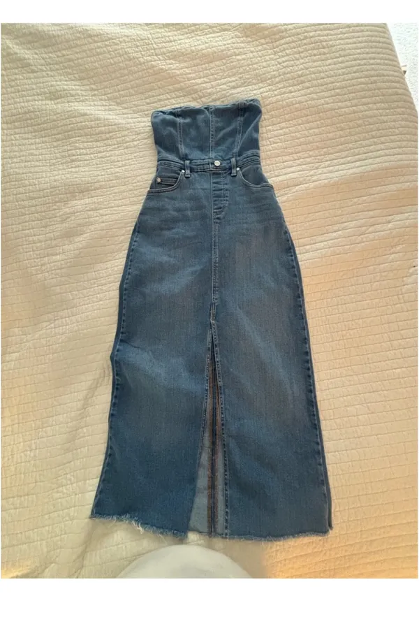 Pilcro The Madi Anthropologie Front Slit Strapless Denim Dress XS - Image 6