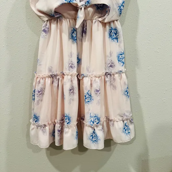 Floral Tie Front Tiered Ruffle Mini Dress Pink/Blue Rose Smocked Back Summer - L - Image 3
