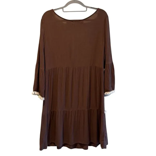 Umgee Babydoll Mini Dress Brown Boho Fringe Tiered Bell‎ Sleeve Women Size L - Image 4
