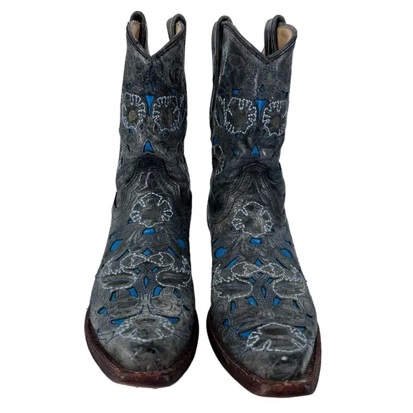 CORRAL Snip Toe Boots Blue‎ Gray Inlay Cowboy Angel Wing & Dove Size 6.5M - Image 3