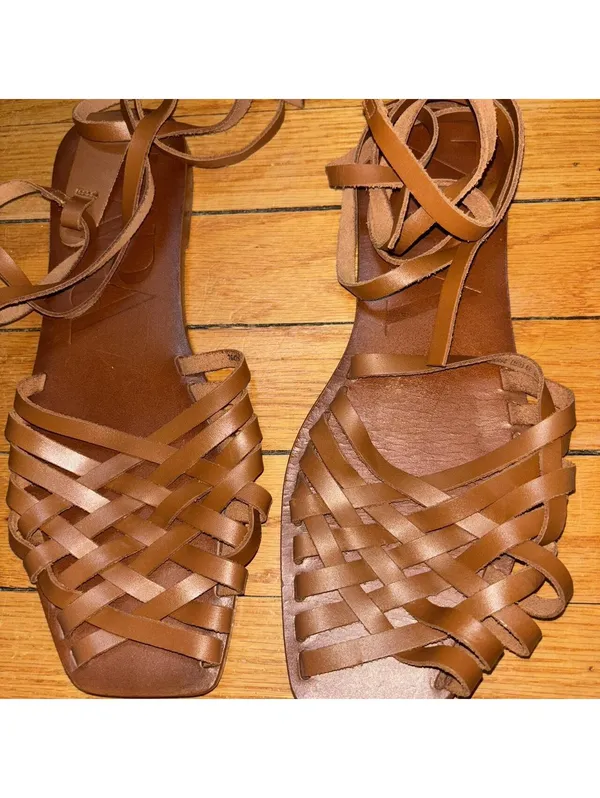 Zara tan leather sandals featuring a woven strap design and ankle laces - Image 3