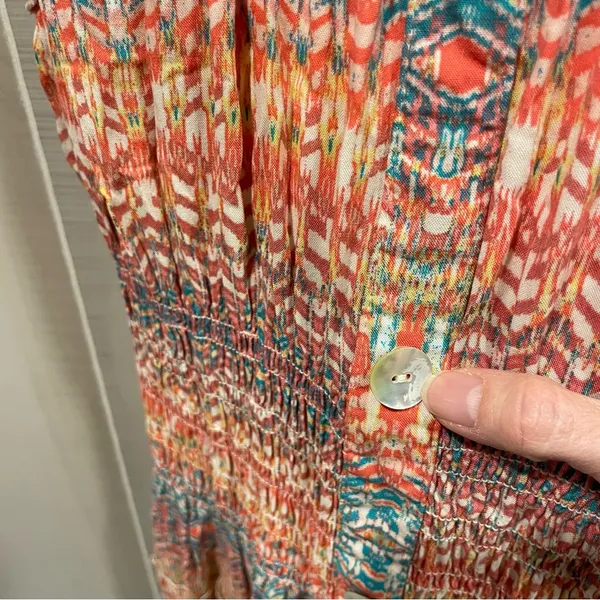Source Unknown Cute stretchy tiered shell button front maxi dress aztec boho breezy smocked - Image 8