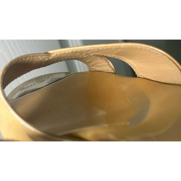 Jimmy Choo Wedge Sandals Slide 7 Tan Patent Leather Cork Heel‎ Logo Toe Plate - Image 8