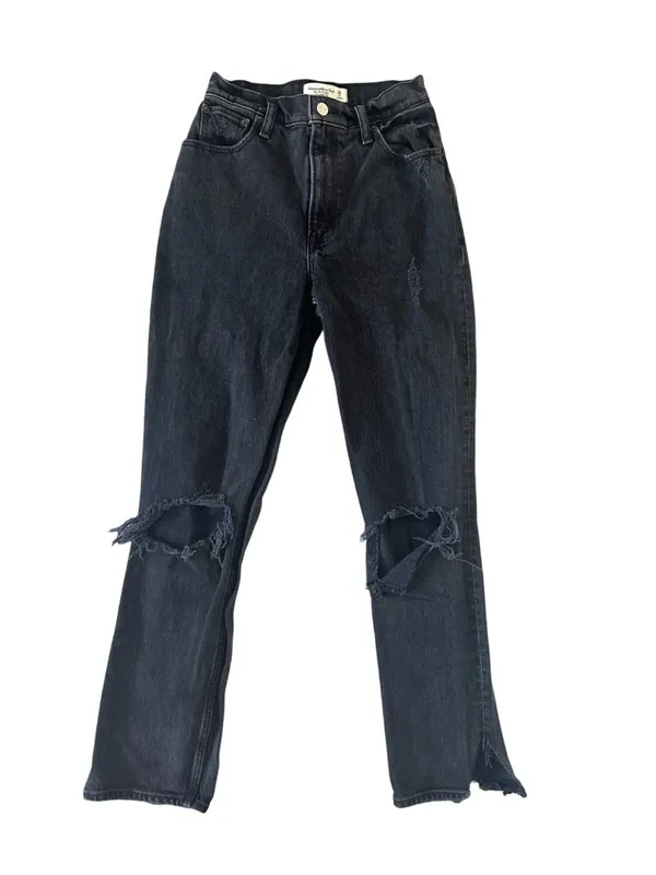 ABERCROMBIE & FITCH 90s Straight Ultra High Rise Black Distressed Jeans Sz 25/0 - Image 9