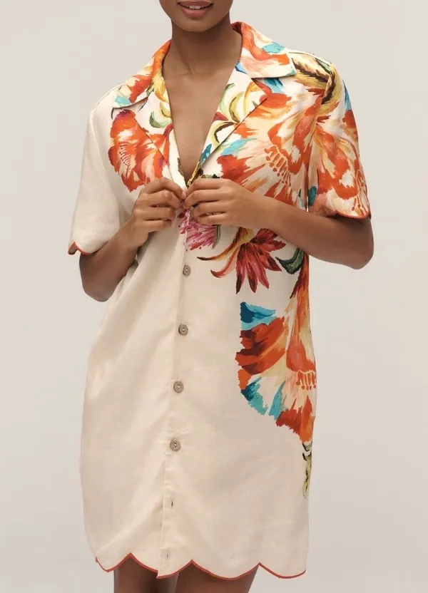 Farm Rio Floral Print Scalloped Mini Shirt Dress, Size M - Image 3